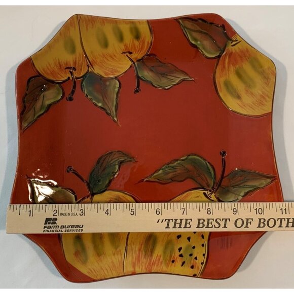 Red Plate Apple and Pear Texture Outline Design Serving Pottery 11 in X 11 in - Picture 9 of 11